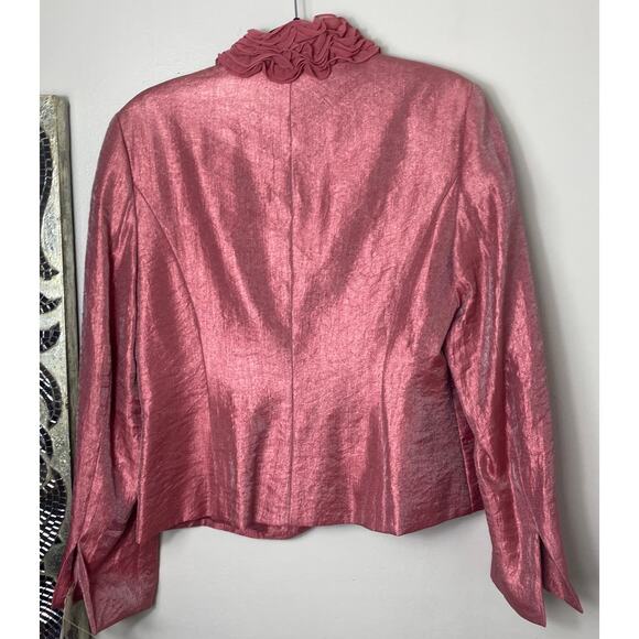 VINTAGE ADRIANNA PAPELL JACKET 12 FRILLY FEMININE RUFFLE IRIDESCENT PINK BLAZER - Picture 2 of 15